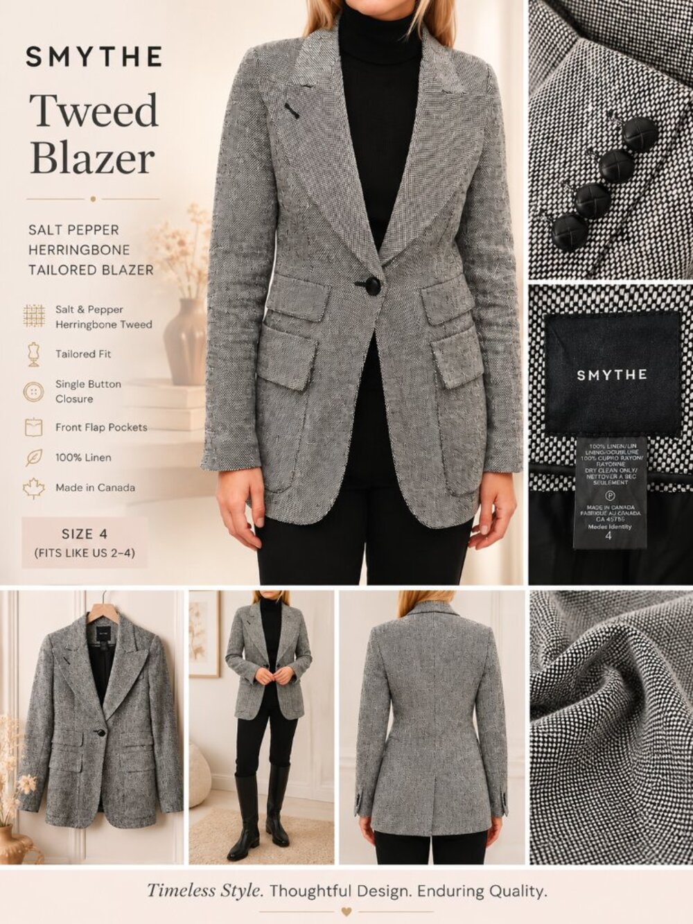Smythe Tweed Gray Herringbone Tailored Blazer 100% Linen US Size 4